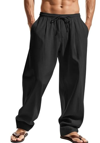 Elainone Pantalon Homme Coton Léger Été Pantalon Décontracté | 100 % Coton Taille Élastique avec Poches Pantalon Ample pour Vacances Plage Voyage Pantalon Homme Style Casual M-3XL