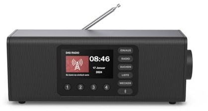 Hama Digital radio (DAB-radio med stor display, köksradio, DAB+/FM/Bluetooth för streaming, seniorradio med enkel användning, radioväckarklocka, liten stereoradio med bra mottagning) svart