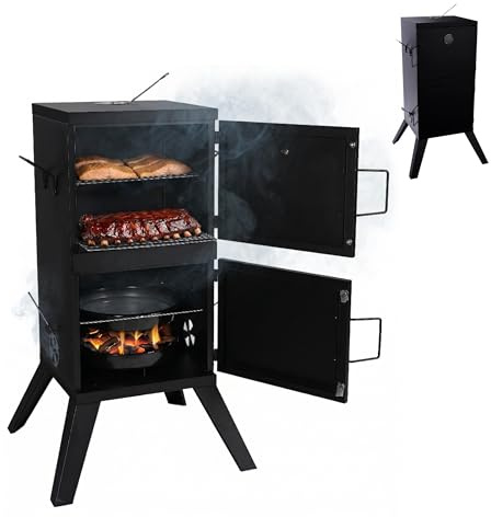 Relaxdays Smoker affumicatore, carne e pesce, 2 ripiani, termometro, nero