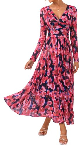 GRACE KARIN Women Dresses Long Sleeve V Neck Floral Dress Party Wedding | Hits above ankle,Semi-see-through long sleeves,V-Neck,Soft & comfortable mesh fabric,Moderately Stretchy