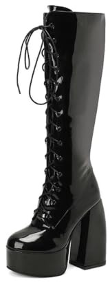 Bottes femme plateforme à lacets, bottines hautes verni talon bloc | Bottes hautes femme, finition vernie brillante, bottes lacets , talon bloc 14,5 cm, plateforme 4,5 cm, style Y2K gothique