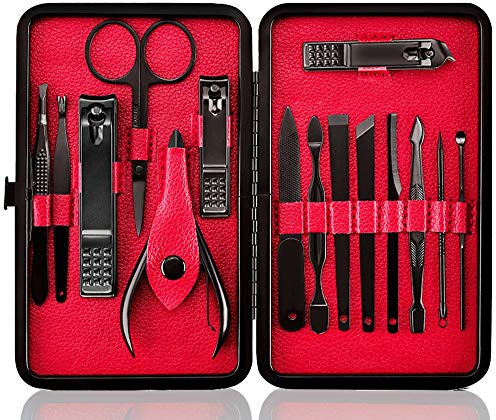 Keiby Citom Professional Stainless Steel Nail Clipper Travel & Grooming Kit Nail Tools Manicure & Pedicure Set of 15pcs with Luxurious Case (Black/Red)