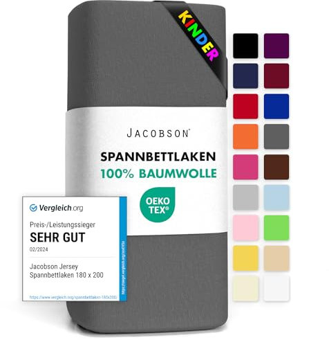 Jacobson Jersey Spannbettlaken Spannbetttuch Baumwolle Bettlaken (60x120-70x140 cm, Anthrazit)