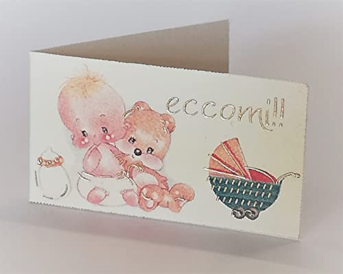 Cartotecnica Italiana 100 Pz Bigliettini Bomboniera Nascita Battesimo Unisex impaginati su cartoncini Avorio f.to A6 con Scritta Eccomi e Dettagli Stampati con laminazione Color Oro