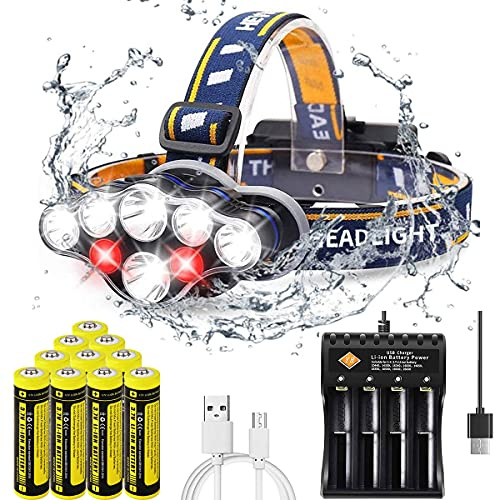 VISVIC 8 LED lampada frontale impermeabile, ricaricabile, con 10 batterie, 8 modalità per campeggio, ciclismo, corsa, pesca all'aria aperta.