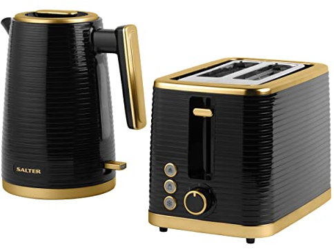 Salter COMBO-7997 Palermo Electric Kettle & Toaster - 1.7L Rapid Boil, 2 Slice Toaster, Wide Slot, 3Kw Fast Boil, Defrost, Reheat & Cancel Functions, Lightweight, Black & Gold Textured Design
