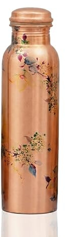Craft Trade Floral Printed Copper Water Bottle Pure Copper Bottle with Lid Leak Proof BPA Free Drinking Bottle for Sport Fitness and Yoga - 1 Litre Natural