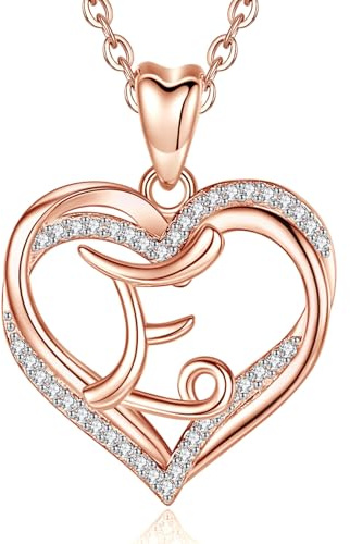 INFUSEU Letter Necklace for Women, Rose Gold Initial E Pendant Heart Cubic Zirconia CZ Jewelry for Lady Wife Mother Girlfriend Romantic Presents, 20 Inch Chain