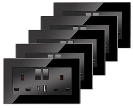 5 Pack CNBINGO Glass Double Switched Socket with USB-A and Type-C Charging Ports, Black Tempered Glass Panel Wall Outlet, 2 Gang 13 Amp Electric Power Socket