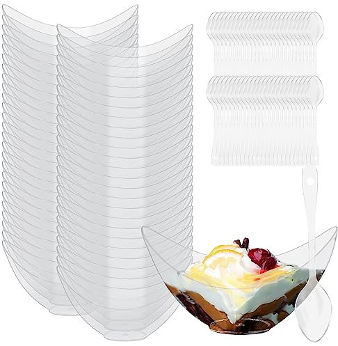 50 Sets Tazas de Postre con Cucharas, Mini Cuencos de Postre Plastico 60ml 75ml, Copa Aperitivo de Parfait Transparentes Cuadrados, Reutilizables Pequenos Vasos de Postre para Mousse Helado Fiesta (A)