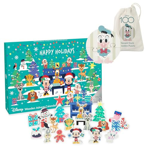 Disney Advent Calendar 2023 Kids & Disney Toys Puzzle - Wooden Childrens Calendars for 1 Year Old Baby, Toddler, Boys, Girls - Mickey & Animals Figures Playset, Christmas Countdown Gifts - Orange Tree