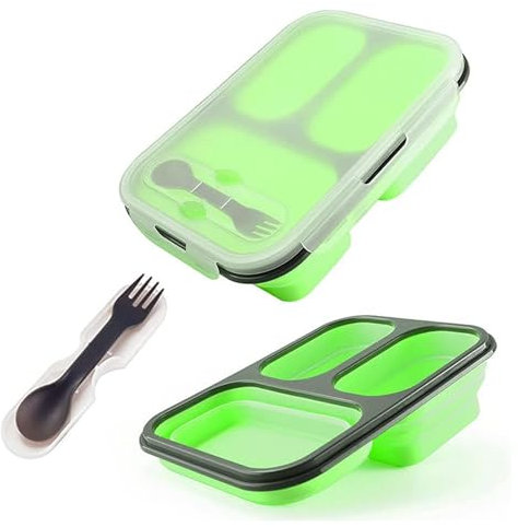 alouweekuky Boîte à Bento Pliable - Coque en Silicone Pliable Déjeuner Boîte à Lunch à Bento étanche avec trois compartiments et cuillère et fourchette pour adultes et enfants (Vert)