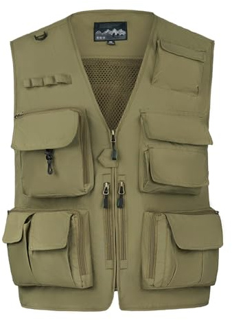 AOTORR Mens Outdoor Safari Cargo Photo Travel Work Fishing Vests for Men Multi-pockets Khaki L