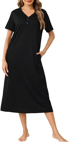 Lovasy Cotton Nightdresses for Women UK Long Nightshirts Button V Neck Soft Nighties Loose Fit Night Dress Casual Nightwear with Pockets