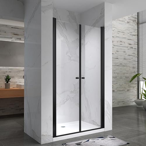 GINA-BLACK Porte de douche H.195 cm, largeur réglable 112 à 116 cm, verre transparent 6 mm, anticalcaire, profilés alu noir