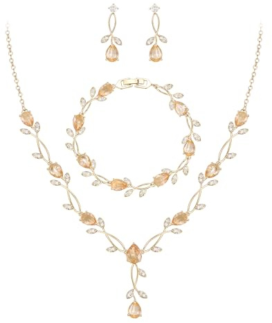 EVER FAITH Set di gioielli da sposa per la sposa Teardrop Cubic Zirconia foglia di vite prom collana pendenti orecchini bracciale donna, Zirconia cubica