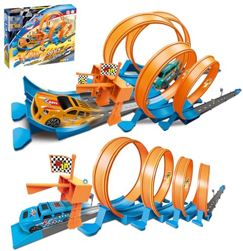LTFIOON Pista de Coches para Niños, Pistas de Carreras Cars con 4 Loopings, Circuito Coches Juguete con Luces y Sonido, Juegos Educativos, Juguete Regalo Niño 3+