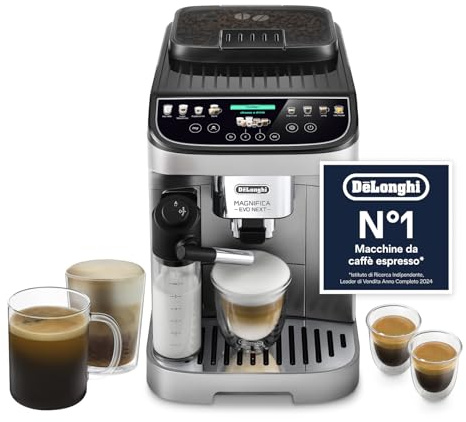 De’Longhi Magnifica Evo Next – Perfetto Macchina da Caffè Automatica, LatteCrema Montalatte Automatico, 13 Bevande in un Solo Tocco, Display Touch a Colori, Argento e Nero (ECAM312.80.SB)