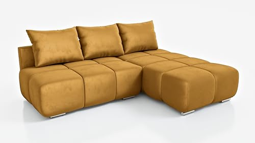 DMSM Canapé d’Angle Convertible Flash, avec Coffre de Rangement, 260 cm, Récamière Droite, Velours, Canapé Moderne Design Cubique (Jaune)