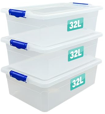 3 x Storage Boxes With Clip Lock Lids Litre Heavy Duty Clear Stackable Lockable Multipurpose Plastic Storage Box Indoor Outdoor Containers Home,Office,Kitchen,Garage (3 x 32 Litre Underbed)