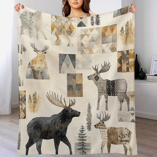 Abstract Argyle Moose Deer Patchwork Geometrisk Djur Blanket Bekväm Fluffig Filtar Mysig Pläd Filt För Enkelsäng Dubbel Resor S
