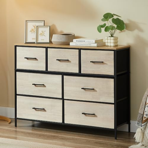 CASABEL Commode 7 tiroirs en Tissu Rigide, Cadre métal Noire et Plateau en Bois, Pratique et Polyvalente, Meuble de Rangement 100x30x75cm idéal pour la Chambre, Le Salon ou l’entrée