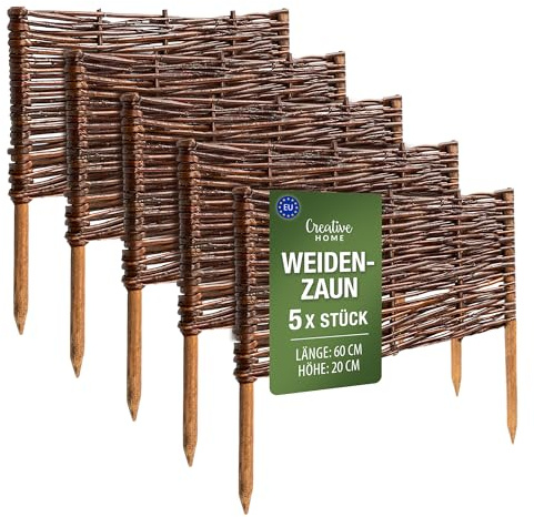 Creative Home Set de 5 Vallas de Mimbre Natural | Tamaño: 60 x 20 cm (+/- 1 cm) | Valla de Jardín para Delimitar Parterres Decorativa | Cerramiento Cercado de Césped | para Jardín Balcón Terraza