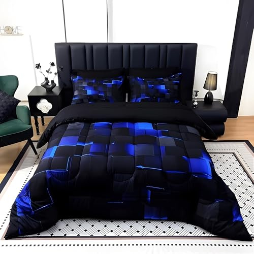 Piumino Singolo Geometrico Blu Nero Trapunte Minimalismo Moderno Piumone Imbottito Resistente Lavabile, Super Morbida Trapunta, Piumini 135x200 cm in Microfibra Reversibile e 2 Federa 50x80 cm L452