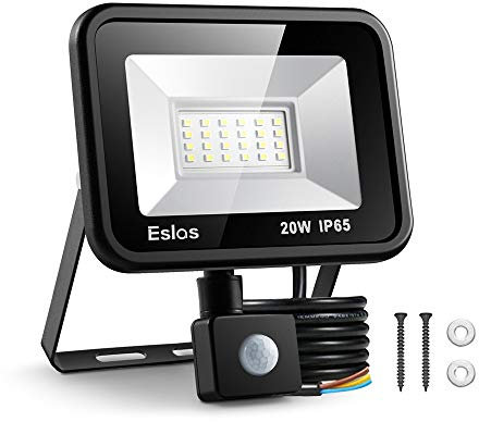 Eslas LED Floodlight 20W,Security Light with Motion Sensor Outdoor,Super Bright 2000 LM PIR Light,IP65 Waterproof for Garage,Garden,Car Park, Construction Site, 6500K Cold White