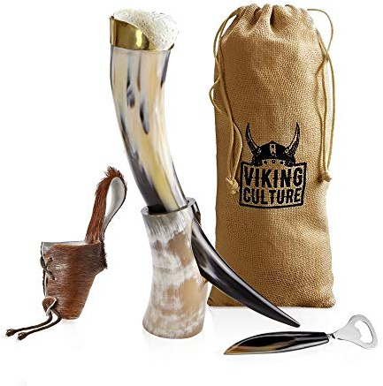 Viking Culture 16 Oz. Viking Drinking Horn with Beer Opener, Stand, Genuine Fur Belt Holster and Vintage Burlap Bag, Polished Finished with Authentic Medieval Norse Style