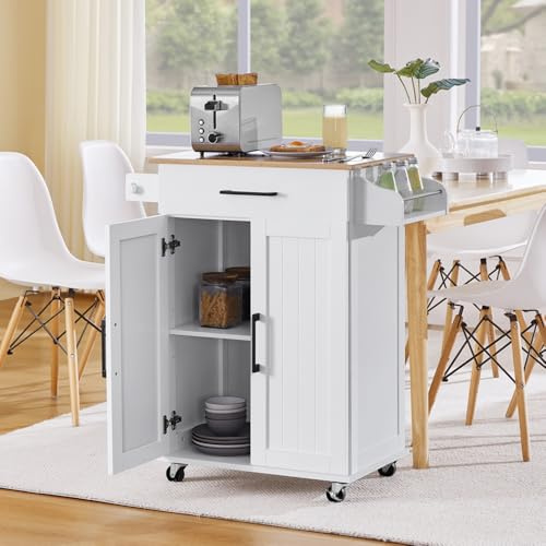 Yaheetech Kitchen Cart with Bamboo Tabletop, 32 Width Rolling Kitchen Island with Drawer and Adjustable Shelf, Storage Cabinet with Spice Rack Towel Bar for Dining Room Kitchen Living Room, White