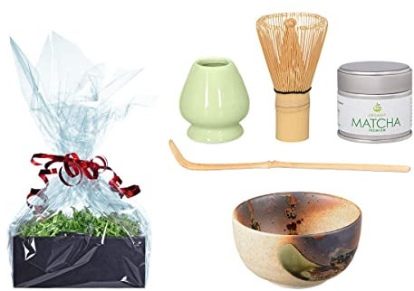 Matcha Tee Geschenk Set, original japanische Matcha-Schale handglasiert beige/braun 450ml + Matcha-Löffel + Matcha-Besen + Besenhalter + 30g Premium Matcha Tee + Geschenkverpackung