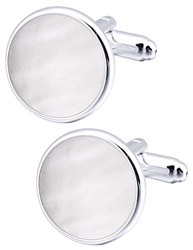 Jonwo Silver Mother of Pearl Cufflinks for Men in Gift Box Round Cuff Links for Business Wedding Anniversary Dress