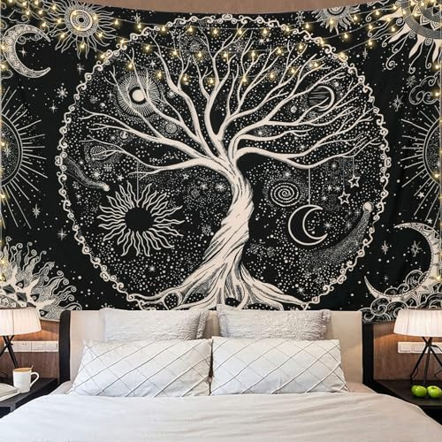 Dremisland Tree of Life Tapestry Trippy Mandala Wall Tapestry Sun and Moon Tapestries Black Galaxy Stars Bohemian Aesthetic Wall Hanging Bedroom Home Decor (M/130X150cm(51X59), Black)