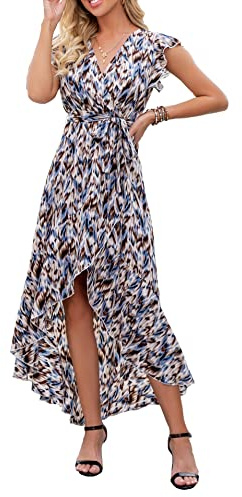 GRECERELLE Womens Summer Maxi Dress Boho Floral Cocktail Polka Dot Wrap Dresses V Neck Casual Party Bohemian Flowy Long Dress for Ladies (Fp Brindle Blue Gray, L)