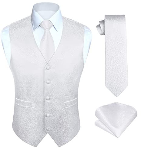 Weiße Hochzeitsweste für Herren Paisley Westen Jacquard Krawatte Einstecktuch Einstecktuch Hochzeit Party Business Fit Weste Anzug Set M