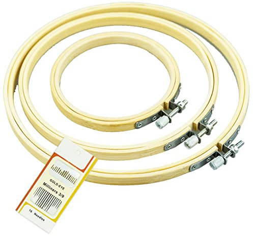 SZCXDKJ 3 Stück 3 Größen Runde Bambus Stickrahmen Kreis Kreuzstich Hoop Ring zum Basteln Nähen, mit Goldöhren-Sticknadeln, Stickrahmen