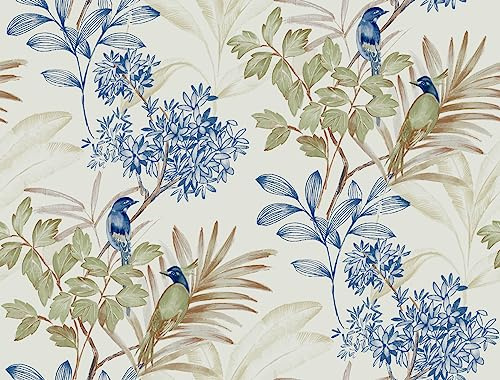 York Wallcoverings PSW1518RL Green and Blue Handpainted Songbird Premium Peel and Stick Wallpaper