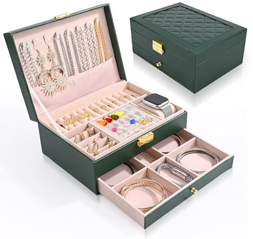 Weinsamkeit Scatole portagioie per Donna,Scatola di Gioielli a 2 Strati,chiusura a chiave Scatola di Gioielli in pelle impermeabile, per Anelli Bracciali Orecchini Collane Regali Orologi (verde)