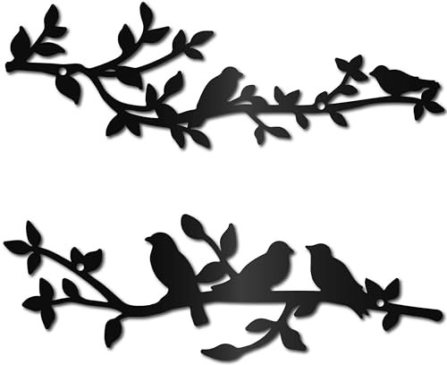 CREATCABIN 2 pz Decorazione da Parete in Metallo con Uccelli Uccelli su Ramo di Vite Olivo Arte da Parete Rustica Nera Scultura da Appendere A Parete Decorazioni per La Casa Segno Ornamento 30x10cm