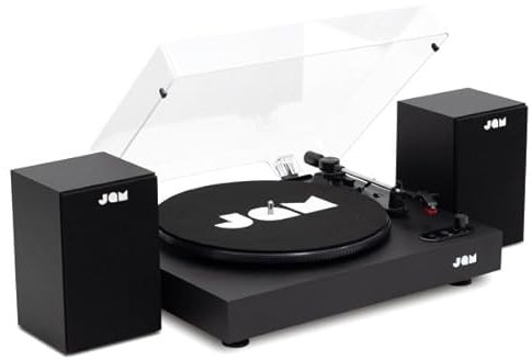 JAM Plattenspieler mit Lautsprechern – Bluetooth-Schallplattenspieler mit Regal-Lautsprechern, 3-Speed Vinyl-Player mit Staubschutz, vorjustiertem Tonarm, Vinyl-Reiniger inklusive, Schwarz