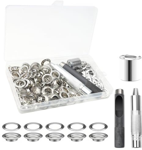 120 Ösen Werkzeug Set, Grommet Werkzeug Kit mit Stanzwerkzeug, 12mm Silber Schlagösen Planenösen Rostfrei, Ösenzange Kit für Wasserdichte Planen, Vorhänge, Markisen