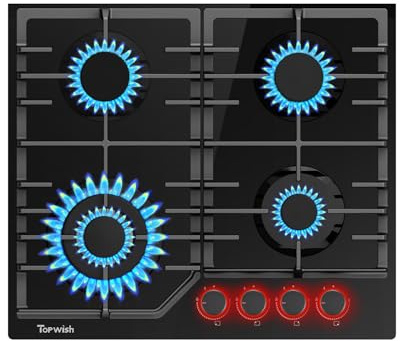 TOPWISH piano cottura 4 fuochi gas, piano cottura gas, piastra di cottura incasso 60cm con rossa manopole illuminate, protezione flame-out, NG/LPG convertibile, accensione elettronica, 8000 Watt