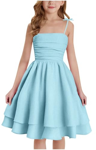 duxyoz Girl's Summer Dresses Spaghetti Strap Swing Pleated Cotton Dress Tween Kids Flowy Front Ruched Boho Beach Casual Midi Sundress for Princess Birthday Party Wedding Prom Gown Blue 11-12 Years