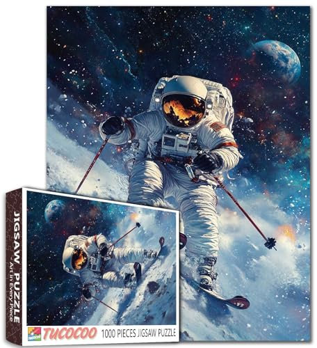 Astronauts Ski in Space Jigsaw Puzzles for Adults 1000 Pieces, Planet Earth Background Puzzle Art 20 x 27 Inches Colorful DIY Puzzles for Home Decoration, Family Puzzle Perfect for Game Nights