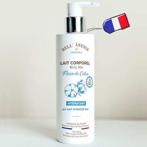 Lait corps hydratant Fleur de Coton au Lait d'Ânesse BIO. Fabrication Française. Tous types de peau. Flacon pompe 250 ml