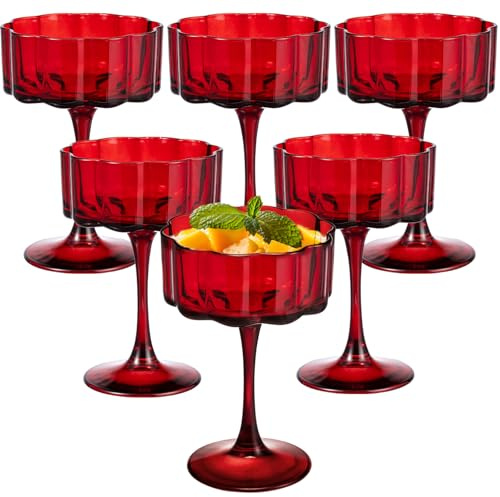 Vintage Champagne Coupes Glass Cute Martini Cocktail Glasses,13oz Crystal Martini Wine Glasses Set Of 6 Elegant Flower -Shaped Goblet Drinking Champagne Dessert Yogurt Ice Cream Glassware Cups Red