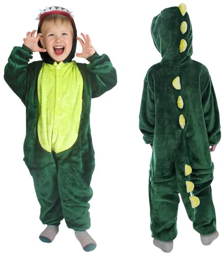 AYBUY Costume da Dinosauro per Bambino con Cappuccio, Dinosauro con Tuta, Costume Dinosauro Verde per Unisex, per Bambini Cosplay Halloween Party Natale, 130CM