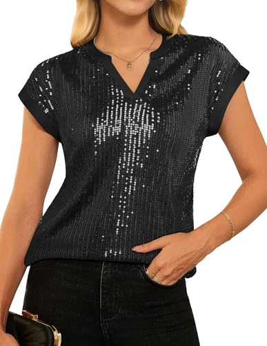 GRACE KARIN Sequined Tops for Women UK Elegant Short Sleeve Regular Fit Glitter Shirts M Black