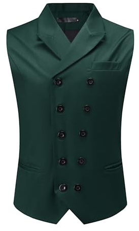Allthemen Mens Double Breasted Waistcoat Casual Lapel Sleeveless Jacket Classic V-Neck Suit Vest Green M